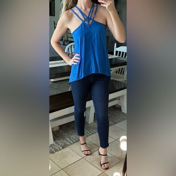 BCBGMaxAzria Bright Blue Dressy Silk Strappy Halter Style Tank Top - Picture 2 of 10